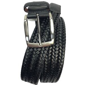 Torino Mens Italian Woven Cotton Elastic Belt Black Sz 40 Brown Leather USA Made